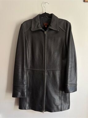 90s Vintage Danier Black Leather Zip-Front Coat
